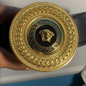 Black Leather Versace Medusa Belt w/ Gold Buckle